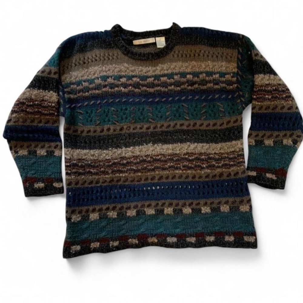 Le Moda Crew Neck Wool Blend Multicolor Striped Knit Sweater